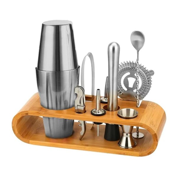 Vosco - Vosco KSET10 10 Parça Ahşap Standlı Boston Shaker Kokteyl Seti, 750 ml Vosco - Vosco KSET10 10 Parça Ahşap Standlı Boston Shaker Kokteyl Seti, 750 ml