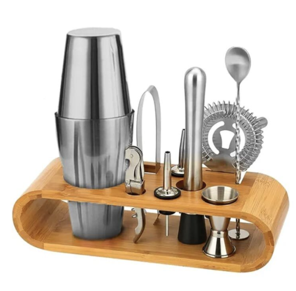 Vosco - Vosco VB-KB10 10 Parça Ahşap Standlı Boston Shaker Kokteyl Seti, 750 ml